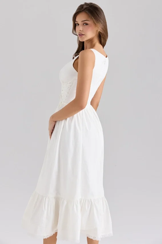 Sienna White Stretch Cotton Lace Up Midi Dress Sienna White Stretch Cotton Lace Up Midi Dress