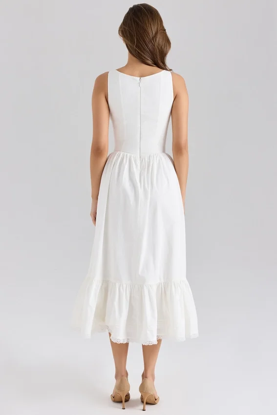 Sienna White Stretch Cotton Lace Up Midi Dress Sienna White Stretch Cotton Lace Up Midi Dress