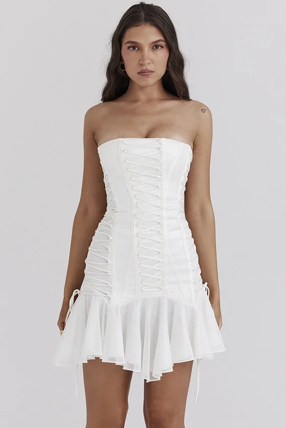 Sirena White Strapless Lace Up Mini Dress Sirena White Strapless Lace Up Mini Dress