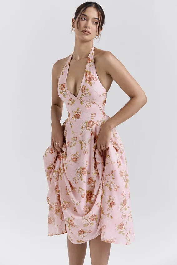 Solada English Vintage Rose Print Georgette Halter Sundress Solada English Vintage Rose Print Georgette Halter Sundress