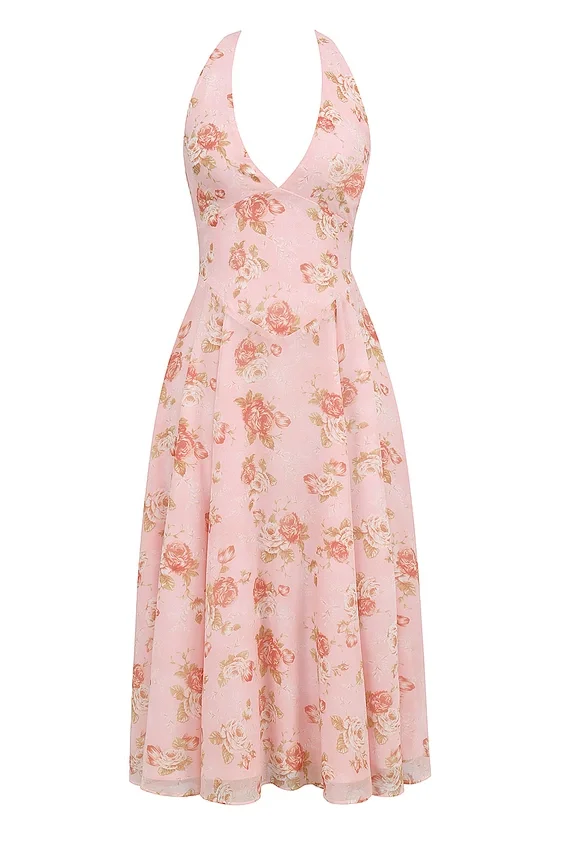 Solada English Vintage Rose Print Georgette Halter Sundress Solada English Vintage Rose Print Georgette Halter Sundress