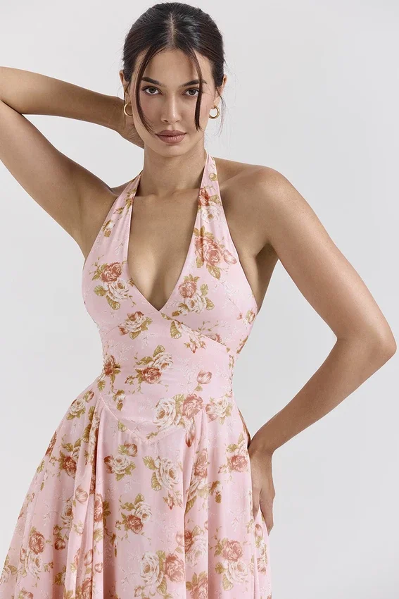 Solada English Vintage Rose Print Georgette Halter Sundress Solada English Vintage Rose Print Georgette Halter Sundress