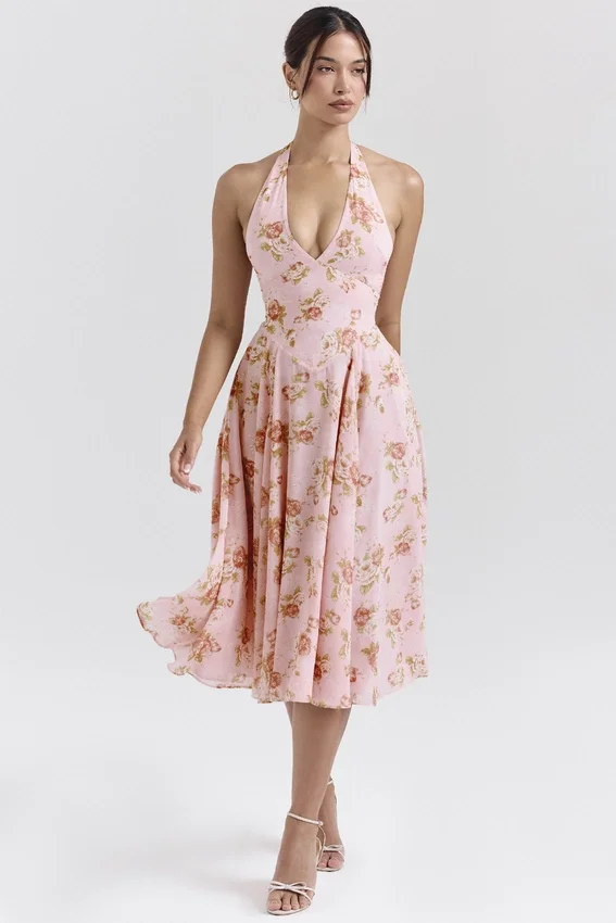 Solada English Vintage Rose Print Georgette Halter Sundress Solada English Vintage Rose Print Georgette Halter Sundress