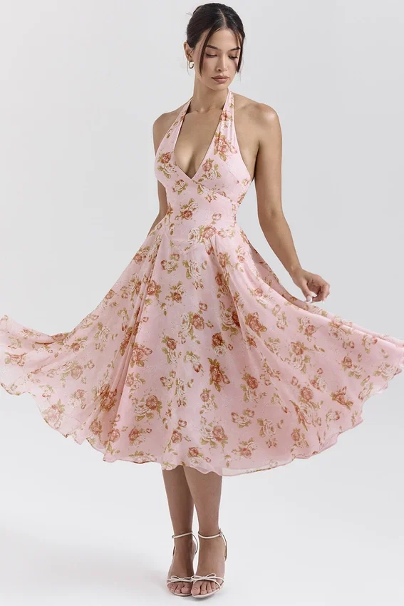 Solada English Vintage Rose Print Georgette Halter Sundress Solada English Vintage Rose Print Georgette Halter Sundress
