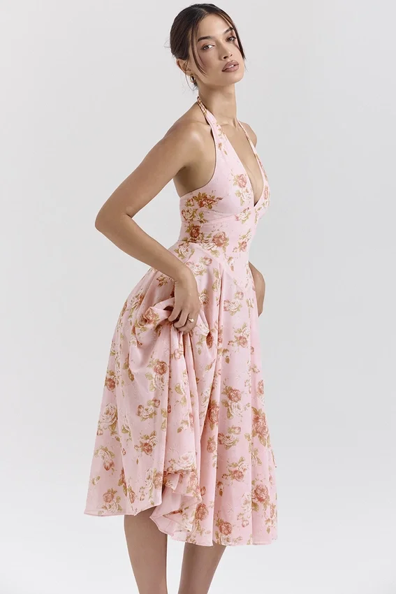Solada English Vintage Rose Print Georgette Halter Sundress Solada English Vintage Rose Print Georgette Halter Sundress