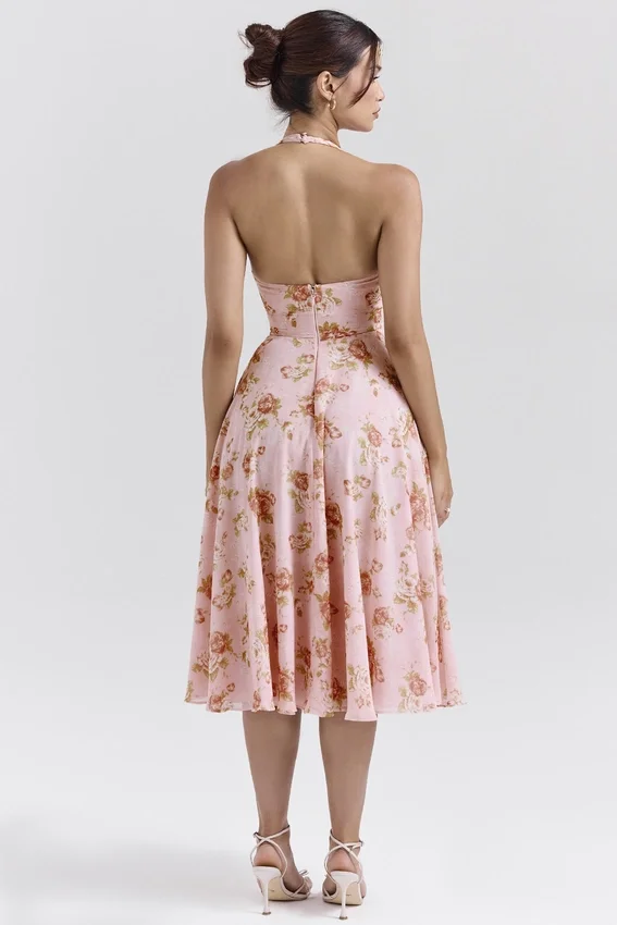 Solada English Vintage Rose Print Georgette Halter Sundress Solada English Vintage Rose Print Georgette Halter Sundress