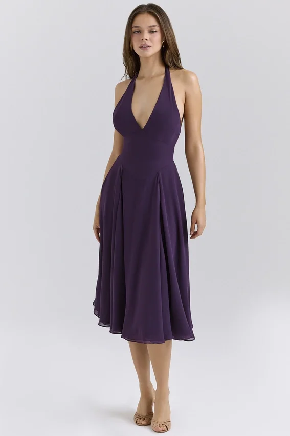 Solada Grape Georgette Halter Sundress Solada Grape Georgette Halter Sundress