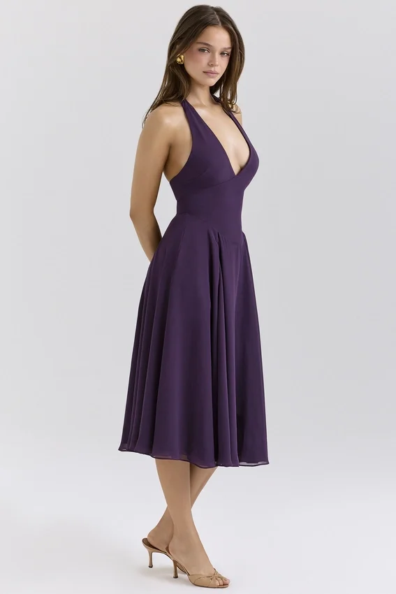 Solada Grape Georgette Halter Sundress Solada Grape Georgette Halter Sundress