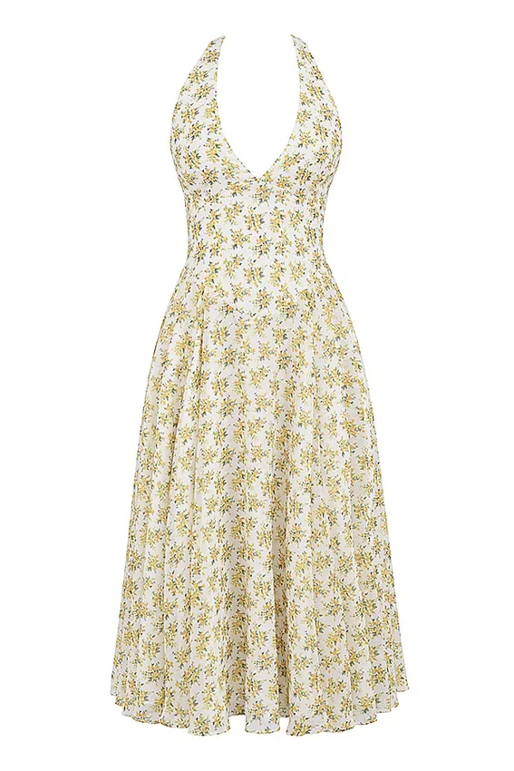 Solada Ivory Vintage Floral Print Georgette Halter Sundress Solada Ivory Vintage Floral Print Georgette Halter Sundress