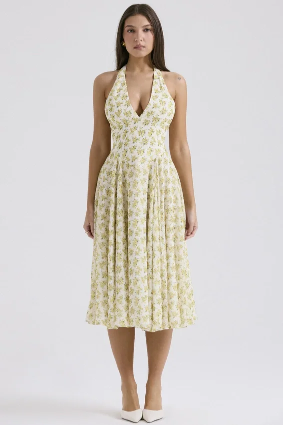 Solada Ivory Vintage Floral Print Georgette Halter Sundress Solada Ivory Vintage Floral Print Georgette Halter Sundress
