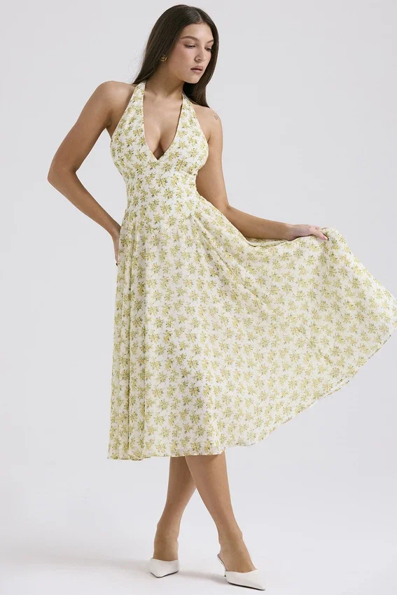Solada Ivory Vintage Floral Print Georgette Halter Sundress Solada Ivory Vintage Floral Print Georgette Halter Sundress
