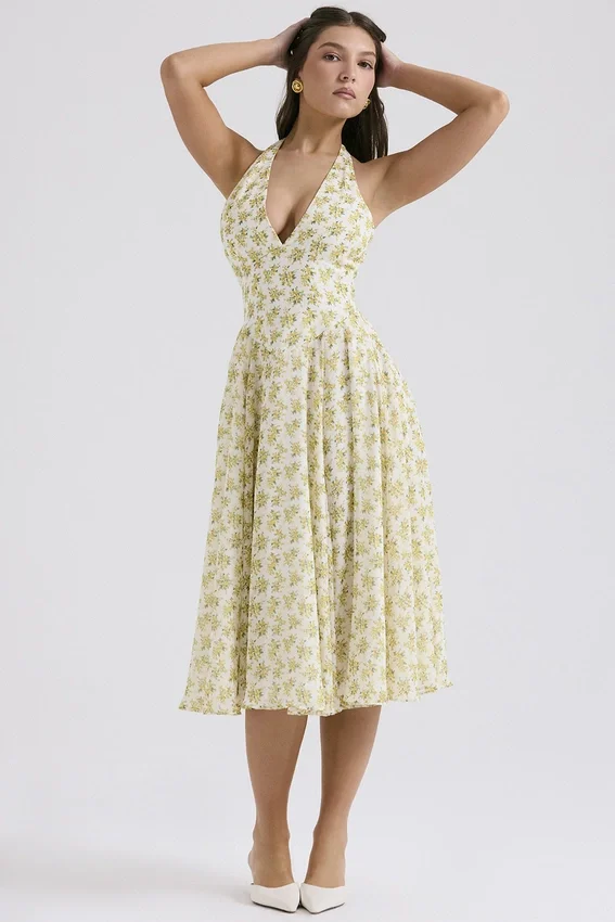 Solada Ivory Vintage Floral Print Georgette Halter Sundress Solada Ivory Vintage Floral Print Georgette Halter Sundress