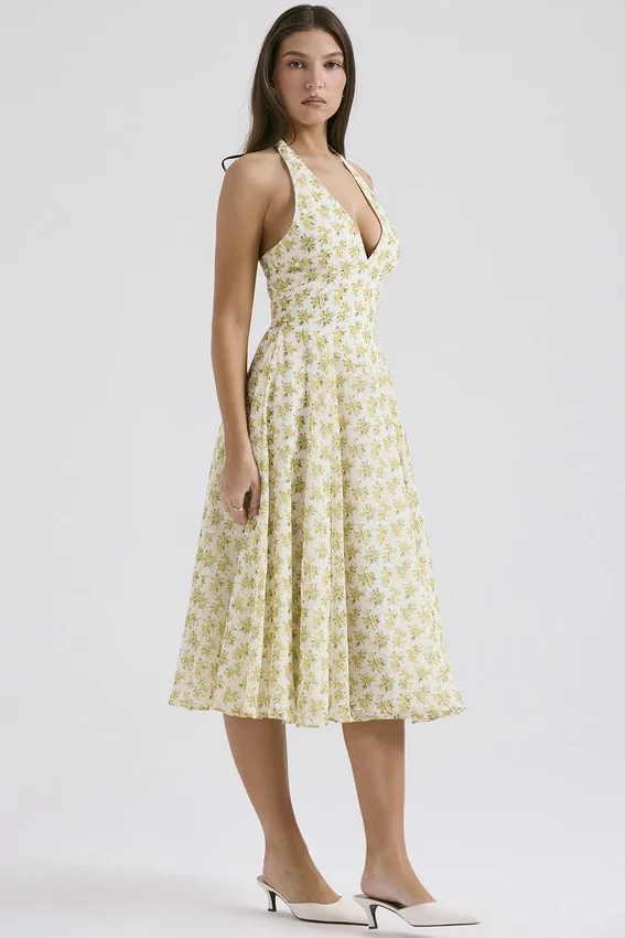 Solada Ivory Vintage Floral Print Georgette Halter Sundress Solada Ivory Vintage Floral Print Georgette Halter Sundress