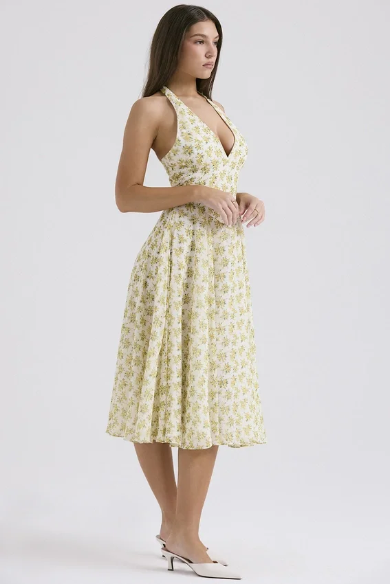 Solada Ivory Vintage Floral Print Georgette Halter Sundress Solada Ivory Vintage Floral Print Georgette Halter Sundress