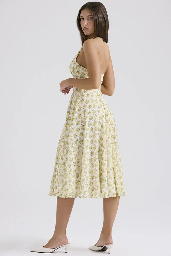 Solada Ivory Vintage Floral Print Georgette Halter Sundress Solada Ivory Vintage Floral Print Georgette Halter Sundress