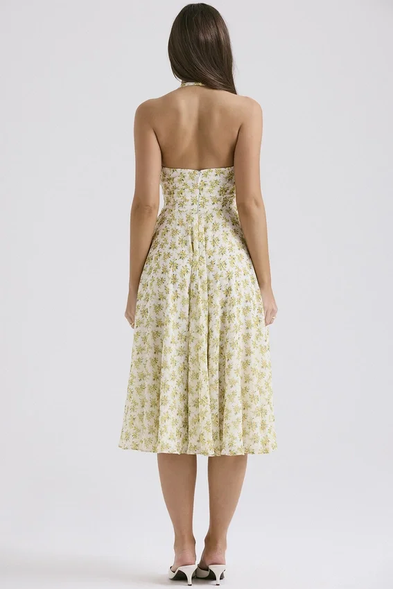 Solada Ivory Vintage Floral Print Georgette Halter Sundress Solada Ivory Vintage Floral Print Georgette Halter Sundress