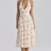 Solada Ivory Vintage Rose Print Georgette Midi Halter Dress Solada Ivory Vintage Rose Print Georgette Midi Halter Dress