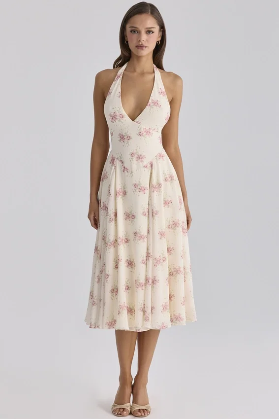 Solada Ivory Vintage Rose Print Georgette Midi Halter Dress Solada Ivory Vintage Rose Print Georgette Midi Halter Dress