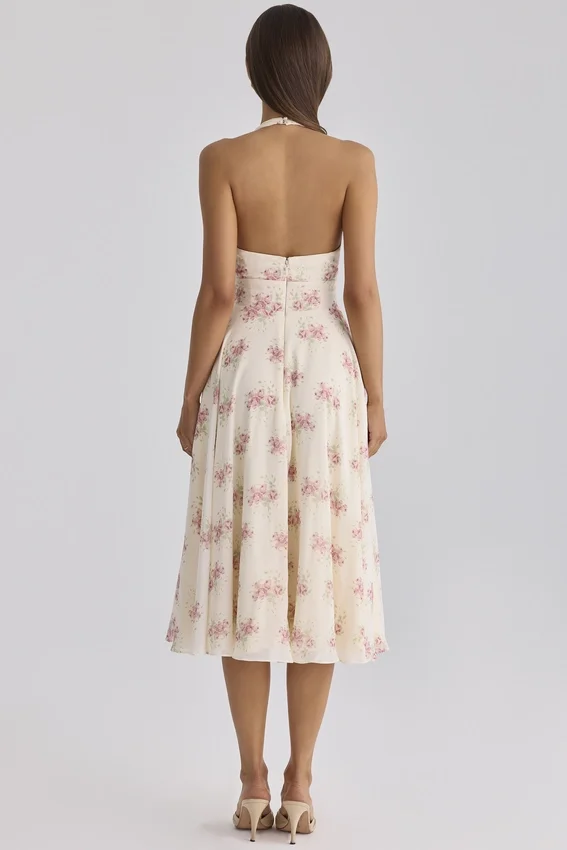 Solada Ivory Vintage Rose Print Georgette Midi Halter Dress Solada Ivory Vintage Rose Print Georgette Midi Halter Dress