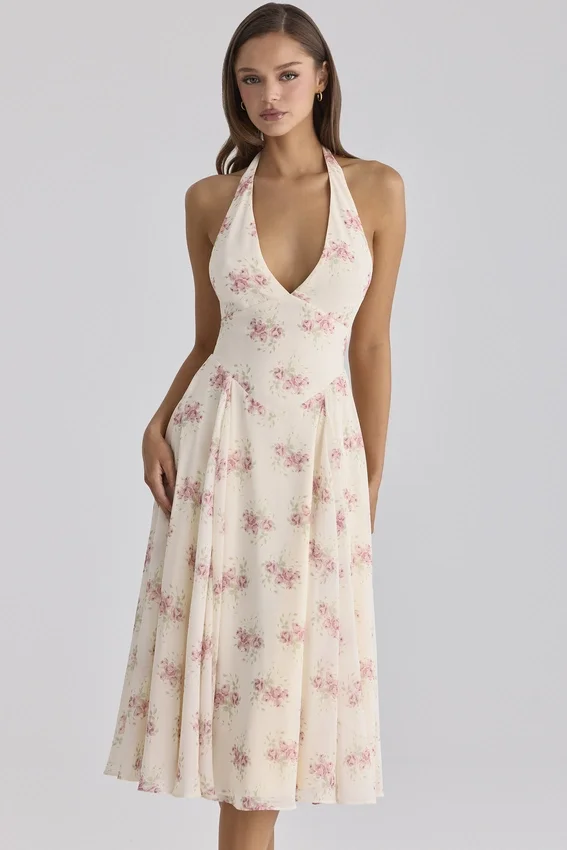 Solada Ivory Vintage Rose Print Georgette Midi Halter Dress Solada Ivory Vintage Rose Print Georgette Midi Halter Dress