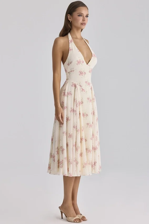 Solada Ivory Vintage Rose Print Georgette Midi Halter Dress Solada Ivory Vintage Rose Print Georgette Midi Halter Dress