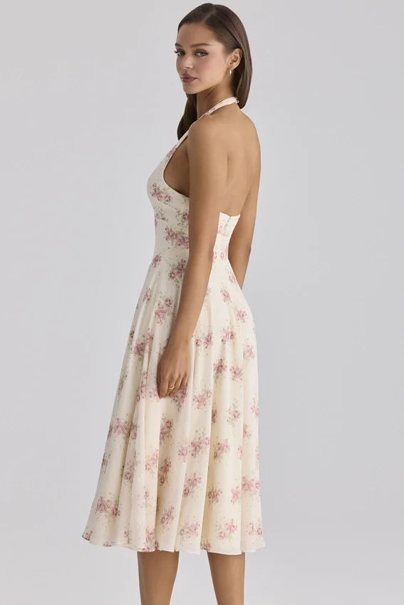 Solada Ivory Vintage Rose Print Georgette Midi Halter Dress Solada Ivory Vintage Rose Print Georgette Midi Halter Dress