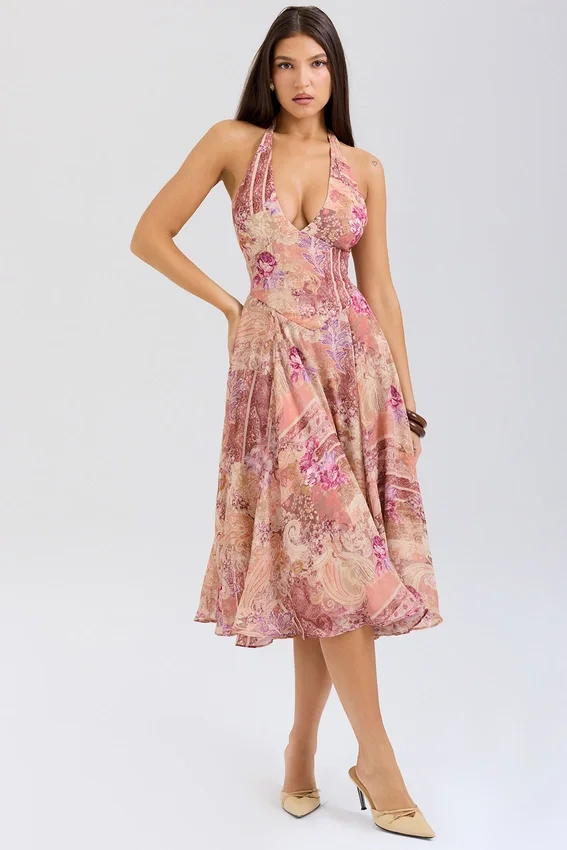 Solada Paisley Patchwork Print Georgette Halter Sundress Solada Paisley Patchwork Print Georgette Halter Sundress