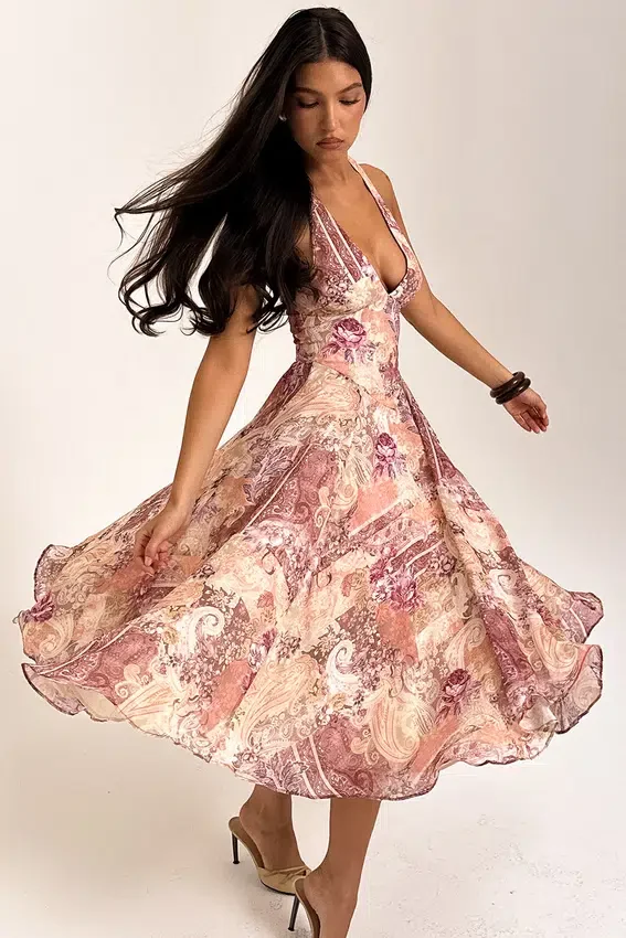 Solada Paisley Patchwork Print Georgette Halter Sundress Solada Paisley Patchwork Print Georgette Halter Sundress