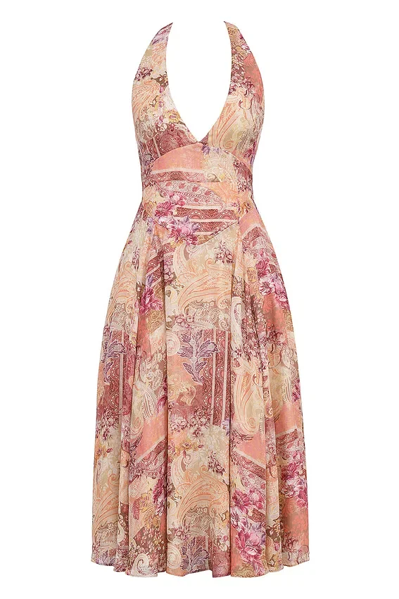 Solada Paisley Patchwork Print Georgette Halter Sundress Solada Paisley Patchwork Print Georgette Halter Sundress