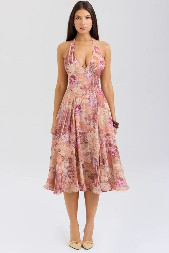 Solada Paisley Patchwork Print Georgette Halter Sundress Solada Paisley Patchwork Print Georgette Halter Sundress