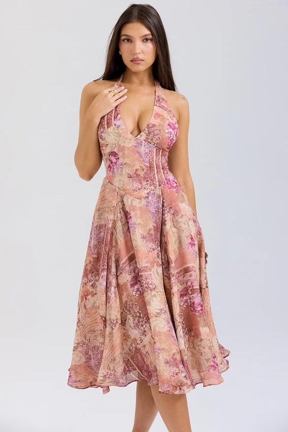Solada Paisley Patchwork Print Georgette Halter Sundress Solada Paisley Patchwork Print Georgette Halter Sundress