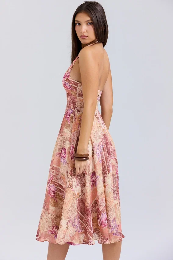 Solada Paisley Patchwork Print Georgette Halter Sundress Solada Paisley Patchwork Print Georgette Halter Sundress