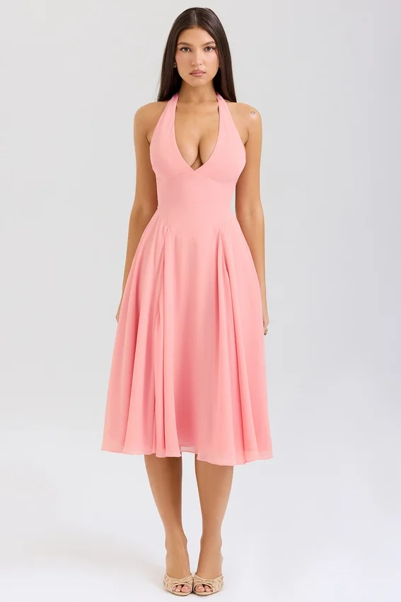 Solada Peach Georgette Halter Sundress Solada Peach Georgette Halter Sundress