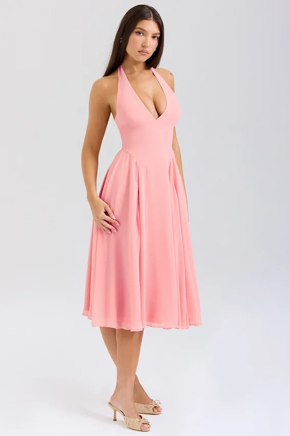 Solada Peach Georgette Halter Sundress Solada Peach Georgette Halter Sundress