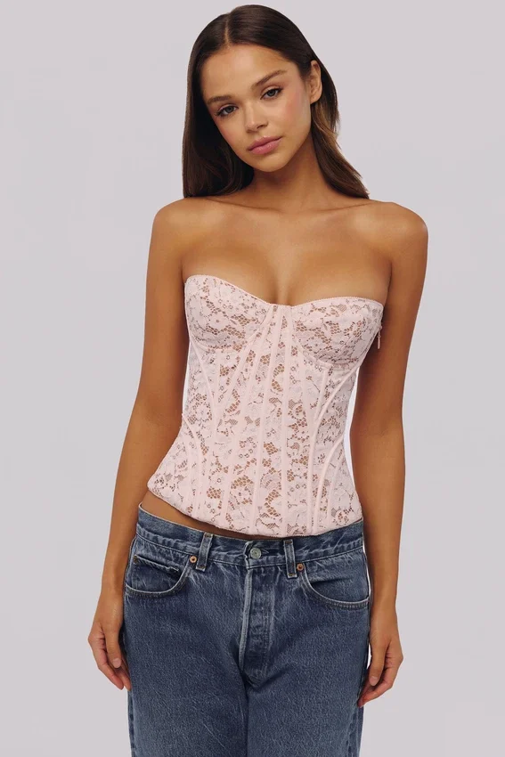 Solaine Baby Pink Floral Lace Boned Corset Top Solaine Baby Pink Floral Lace Boned Corset Top