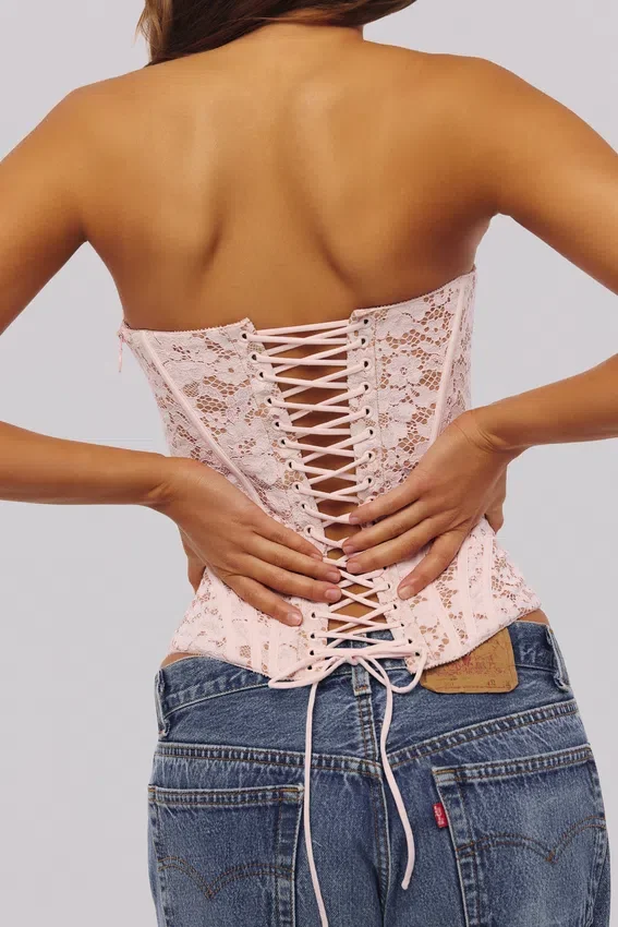 Solaine Baby Pink Floral Lace Boned Corset Top Solaine Baby Pink Floral Lace Boned Corset Top