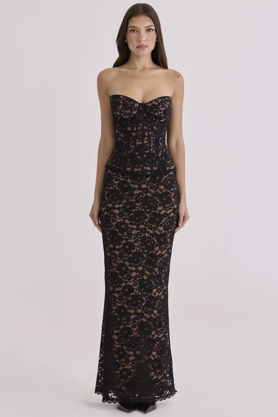Solaine Black + Blush Lace Corset Maxi Dress Solaine Black + Blush Lace Corset Maxi Dress