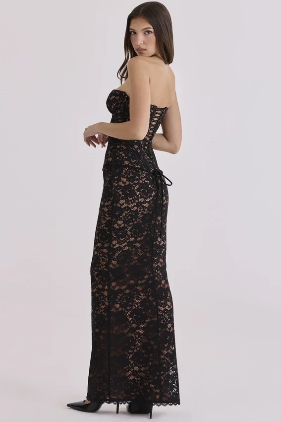 Solaine Black + Blush Lace Corset Maxi Dress Solaine Black + Blush Lace Corset Maxi Dress