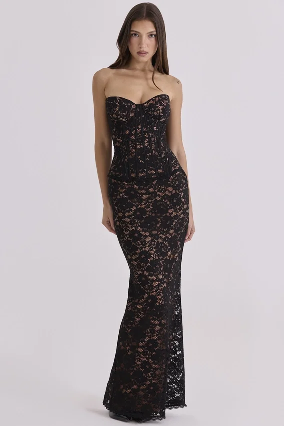 Solaine Black + Blush Lace Corset Maxi Dress Solaine Black + Blush Lace Corset Maxi Dress