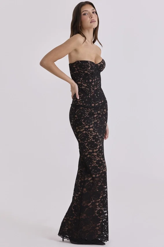 Solaine Black + Blush Lace Corset Maxi Dress Solaine Black + Blush Lace Corset Maxi Dress