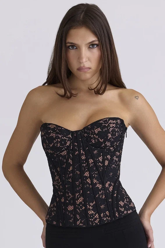 Solaine Black Floral Lace Boned Corset Top Solaine Black Floral Lace Boned Corset Top