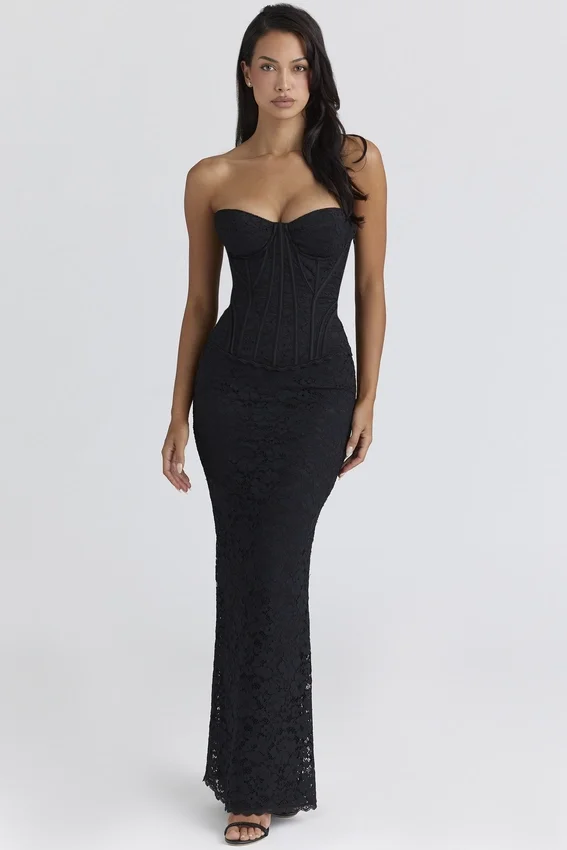Solaine Black Lace Corset Maxi Dress Solaine Black Lace Corset Maxi Dress