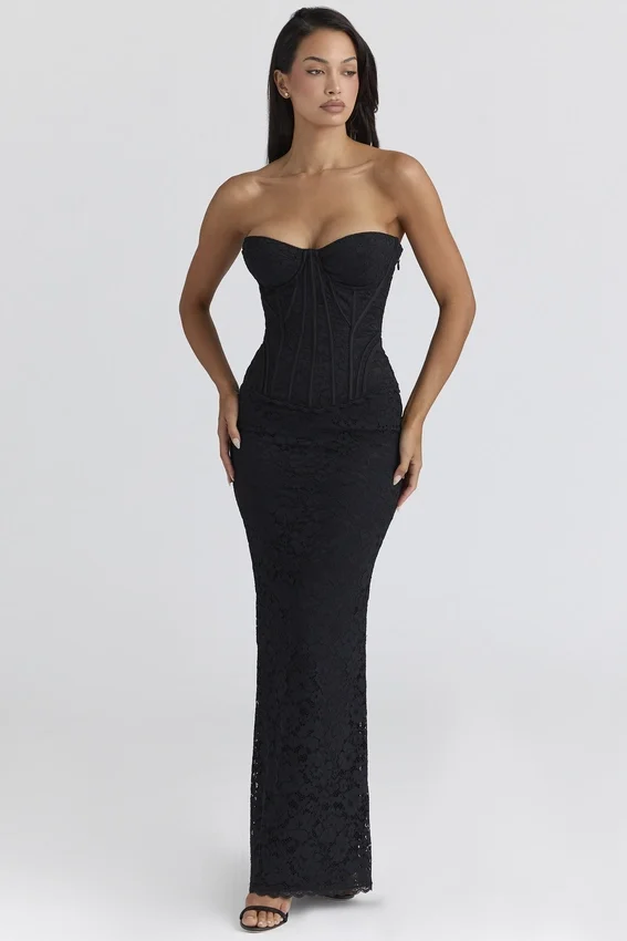 Solaine Black Lace Corset Maxi Dress Solaine Black Lace Corset Maxi Dress