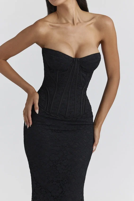 Solaine Black Lace Corset Maxi Dress Solaine Black Lace Corset Maxi Dress