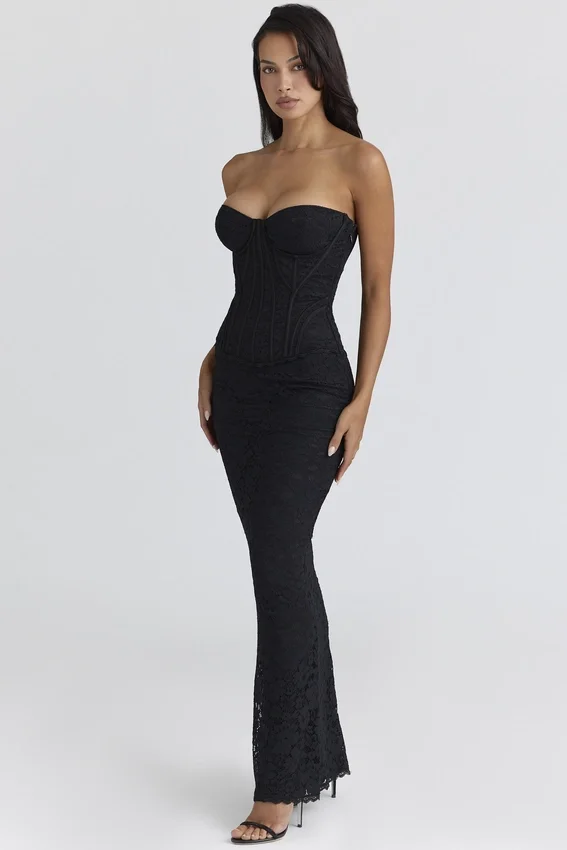 Solaine Black Lace Corset Maxi Dress Solaine Black Lace Corset Maxi Dress