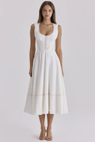 Solana White Cotton Waist Cinch Midi Sundress