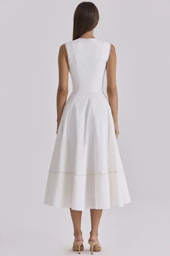 Solana White Cotton Waist Cinch Midi Sundress Solana White Cotton Waist Cinch Midi Sundress