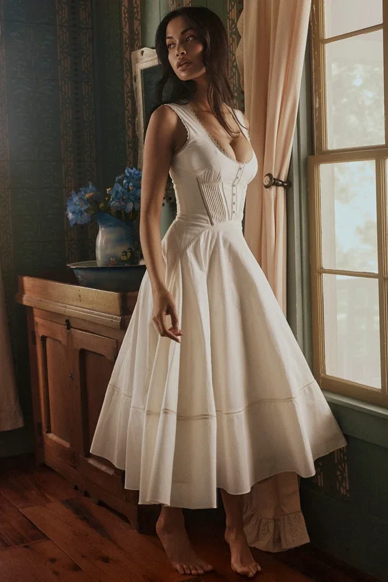 Solana White Cotton Waist Cinch Midi Sundress Solana White Cotton Waist Cinch Midi Sundress