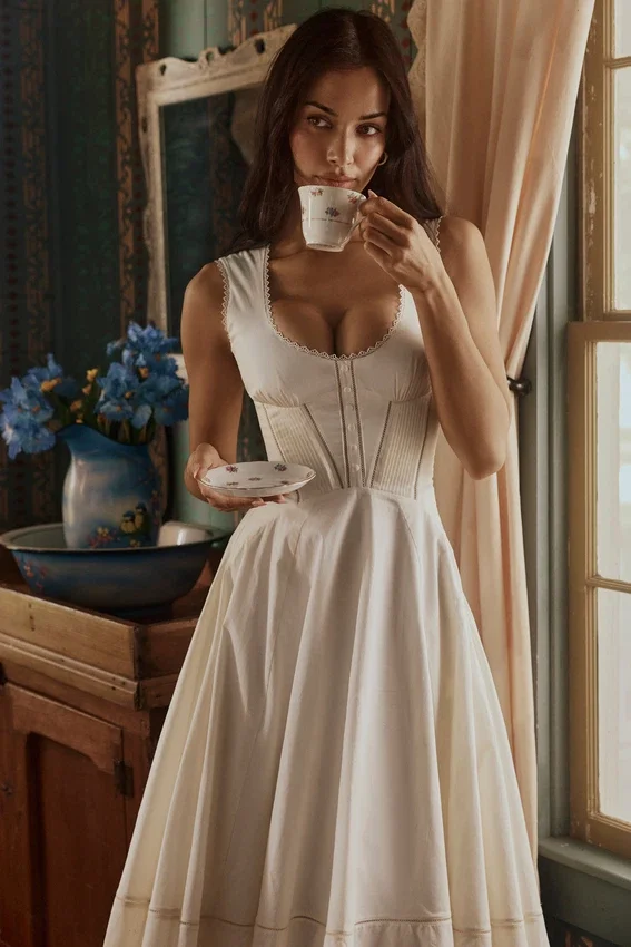 Solana White Cotton Waist Cinch Midi Sundress Solana White Cotton Waist Cinch Midi Sundress
