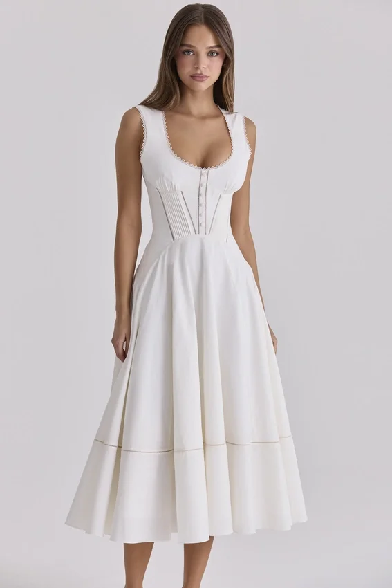 Solana White Cotton Waist Cinch Midi Sundress Solana White Cotton Waist Cinch Midi Sundress